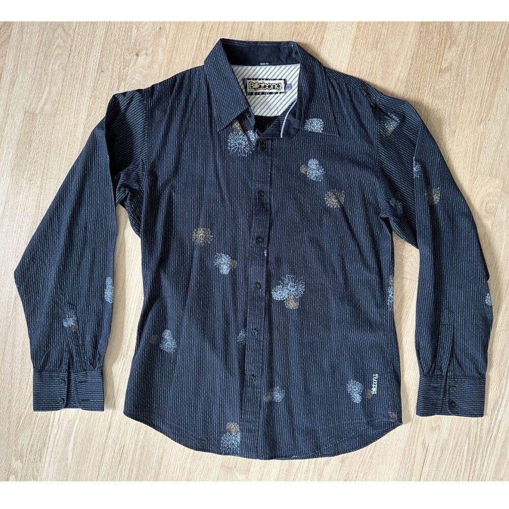 Vintage Billabong Slim Fit Button Up Shirt Mens M Navy Pinstripe Floral Y2K